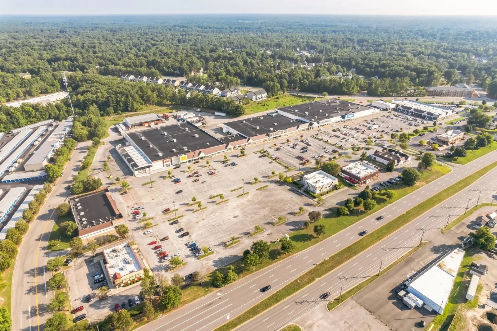 Aerial view of an open-air shopping center